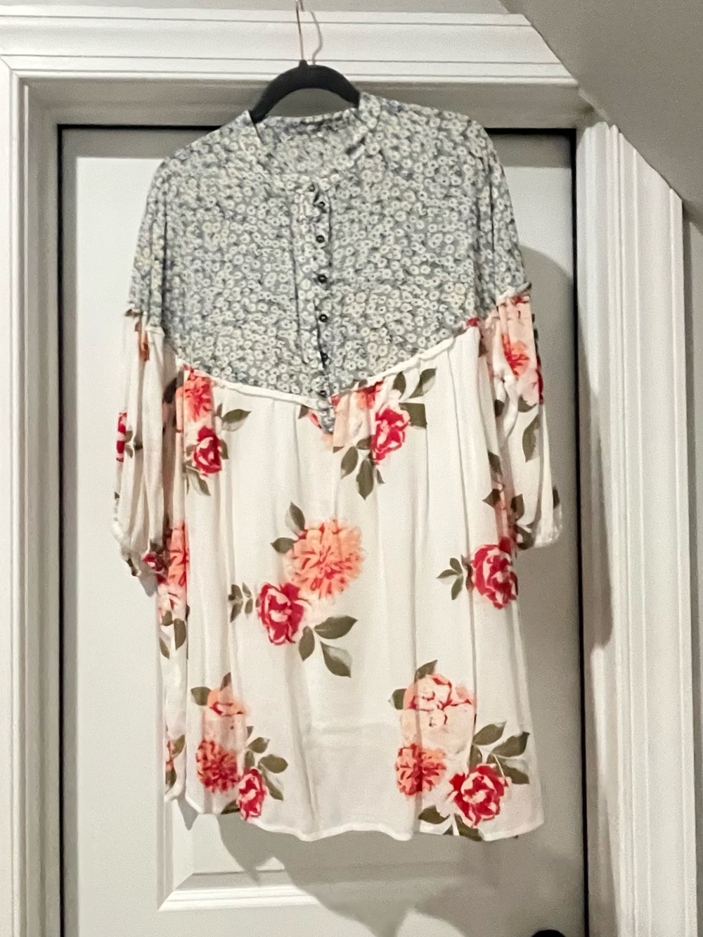 Boho Floral Mixed Print Tunic Dress - Cream with Coral Roses